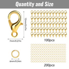 Chain Clasp, Pack of 100 Bracelet Clasps with 200 Jump Rings, Chain Clasps, Jewellery Clasp, Lobster Clasp, Clasps for Jewellery Making (Gold)