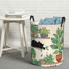 TKHONGLXY Round laundry basket with handle - waterproof foldable Oxford cloth basket for bedroom and living room storage16.5*13.8in (Black cat)