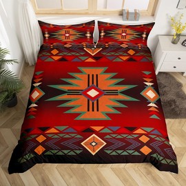 Western Bedding Set Full Size,Red Black Cowboy Cowgirl Duvet Cover Set for Boys Girls,Kids Adult Aztec Native Tribal Comforter Cover Retro Geometric Arrow Striped Bohemian Quilt Cover,2 Pillowcases