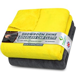Towelogy® Edgeless Microfibre Car Cleaning Cloths 520GSM Premium for Auto Cars Drying Wash Detailing Buffing and Polishing Towels 40x40cm Grey/Yellow, Pack Of 2