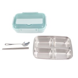 Lunch Box 4 Compartments Design 304 Stainless Steel Matching Tableware Portable Lunch Containers for School Office Blue