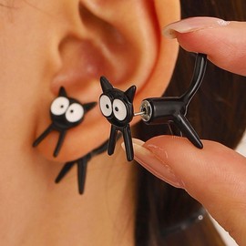 Cybche Boho Cute Black Cat Earrings Cat Ear Jacket Earrings Cartoon Cat Stud Earrings Black Acrylic Cat Front Back Earrings Animal Jacket Earrings Jewellery For Women, Zinc, No Gemstone
