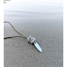 Hag Stone Necklace with Long Drop Silver Pendant, Wiccan Fairy Sea Stone