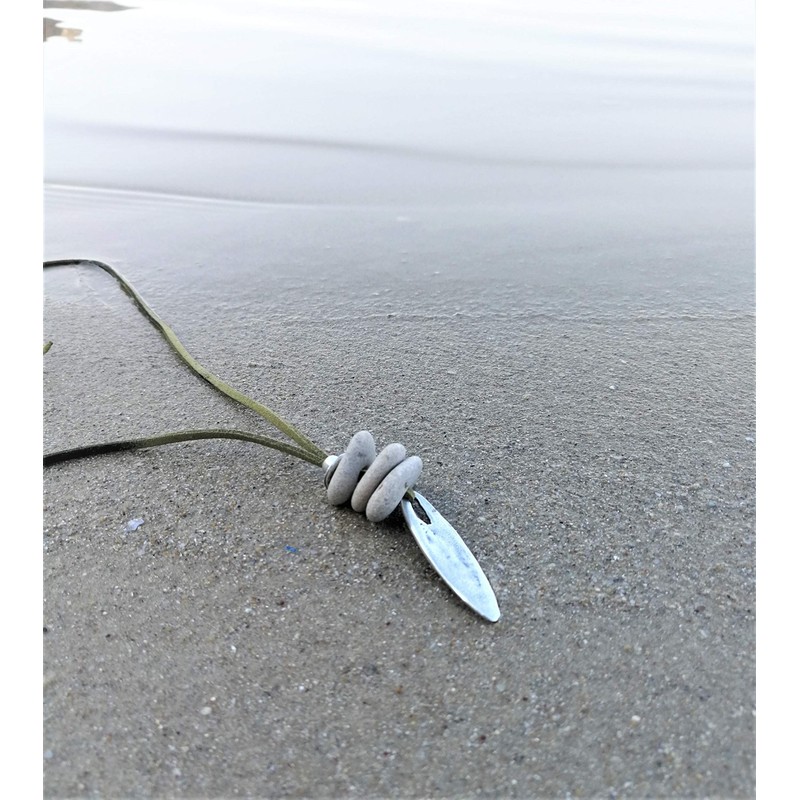 Hag Stone Necklace with Long Drop Silver Pendant, Wiccan Fairy