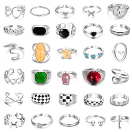 Morfetto 30Pcs 18K Gold Chunky Rings for Women Gold Plated Rings Chunky Twisted Signet Rings Stackable Knuckle Midi Rings Adjustable Open Ring Sets Silver