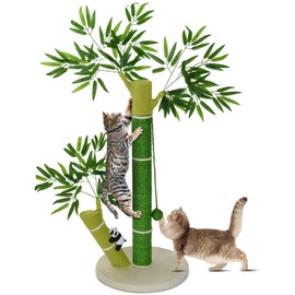 AiQInu Cat Scratching Post for Large Cats and Kitten, 33 Inch Tall Nature Sisal Cat Scratchers for Indoor Cats with DanglingToy Ball and Cute 3D Panda Adult Cat Tree with Bamboo Shape for All Cats