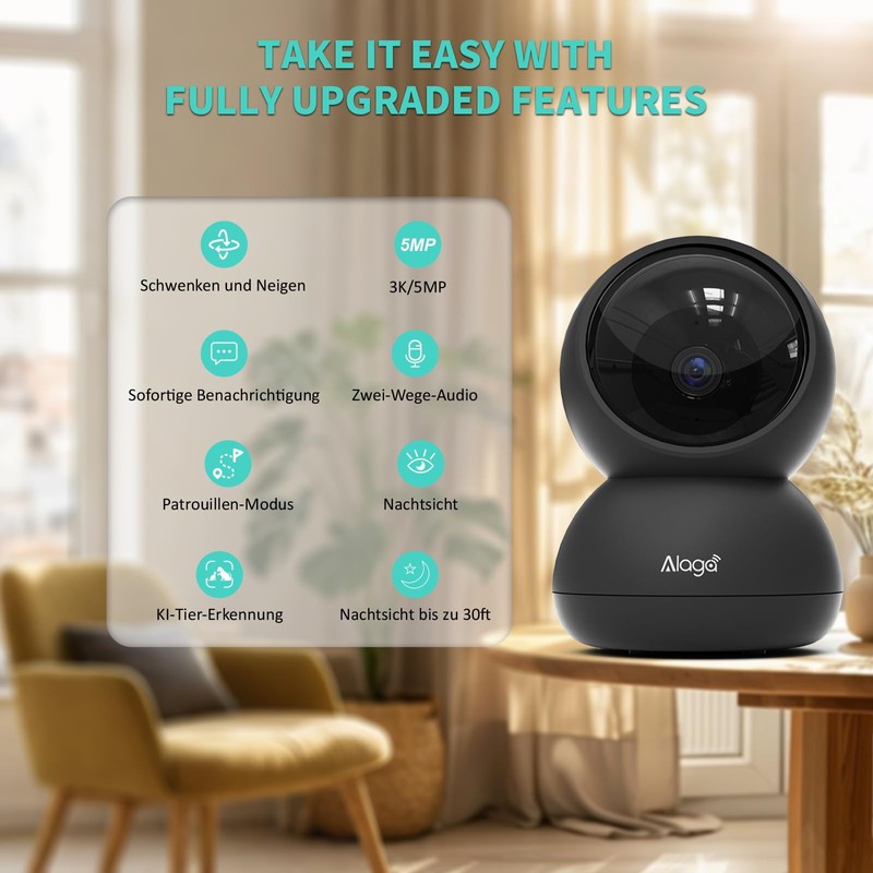 Alaga Security Indoor Cam 3K Indoor Surveillance Camera, WiFi, Swivelling,