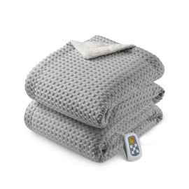 CAROMIO Heated Blanket Throw Twin Size, Waffle Weave Electric Throw Blanket Fast Heating with LCD Controller, 10 Heat Levels & 1-12H Time Settings Auto Off, ETL Certified, Grey, 62" x 84"