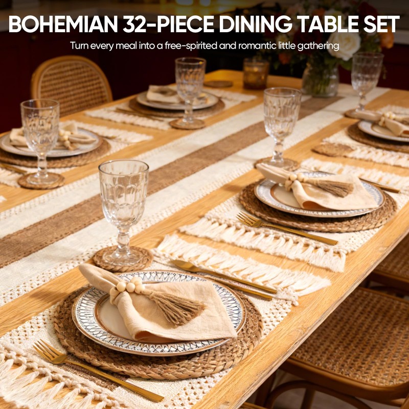 Swiscena 32 Pcs Boho Placemats Table Setting Set (6 Sets),Hand-Woven