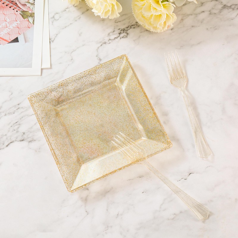 Conflech 200 Pieces Glitter Gold Plates with Plastic Forks, Gold