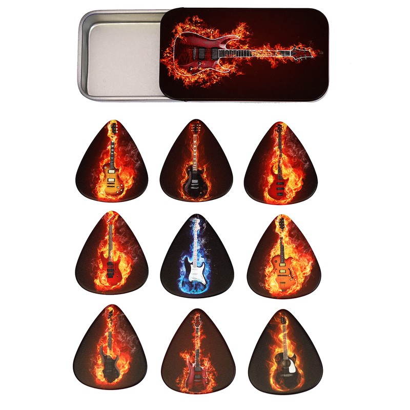 Tin of 9 Flaming Guitar Plectrums - Double sided -