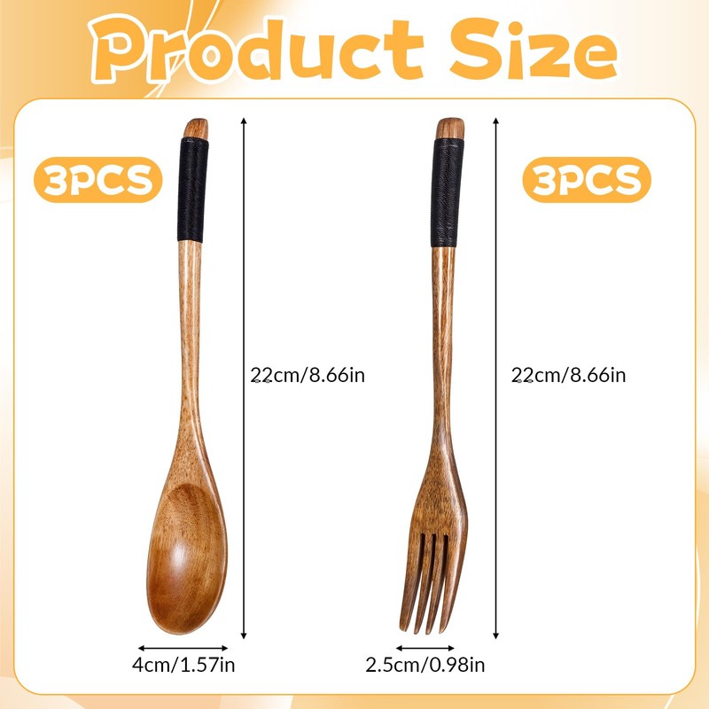 6 Pcs Wooden Spoon and Fork for Eating Utensil Set,