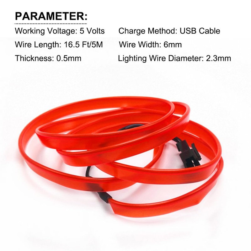 EL Wire Interior Car LED Strip Lights, USB Neon Glowing