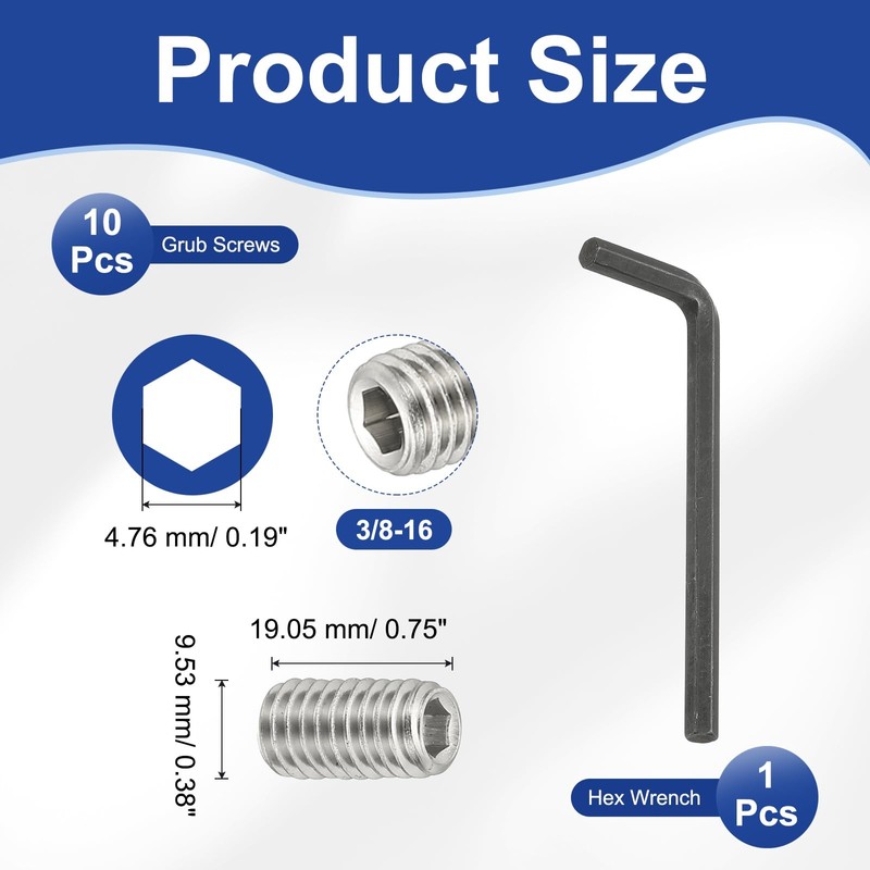 PATIKIL 3/8-16x3/4" Internal Hex Socket Set Grub Screws, 10 Pcs
