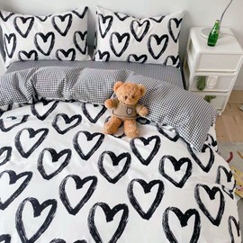 Wellboo Love Comforter Sets Full Black and White Bedding Comforters Cotton Women Girls Heart Shaped Bed Quilts Brush Ink Love Pattern Quilts Adults Girls Modern Kawaii Black White Dorm Comforters