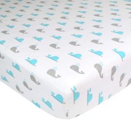 TL Care Printed 100% Cotton Jersey Knit Fitted Crib Sheet for Standard Crib and Toddler Mattresses, Aqua Whale, for Boys and Girls