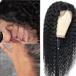 Lakaisa Human Hair Curly Wave Human Hair Wig 4 x 1 Lace #1B Natural Black Glueless Wear and Go Wig Women's Real Hair Bleached Knots Pre Plucked Hairline with Baby Hair for Woman 12 Inches