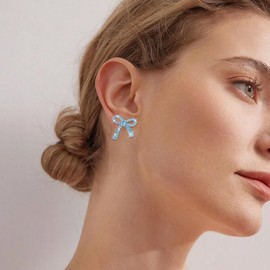Blue Bow Earrings for Women Trendy Sparkly Rhinestone Chain Tassel Earrings Bow Pearl Dangle Earrings Prom Wedding Party Dress Jewerly Stocking Stuffers for Women Christmas Gifts