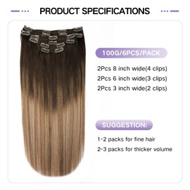 Sindra Clip-In Real Hair Extensions, Balayage Dark Brown to Dirty Blonde, Real Hair Extensions, 35 cm, 6 Pieces, 100 g, Natural Hair Extensions, Straight Clip Extensions, #2/6/18, 14 Inches