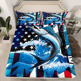 Marlin Swordfish Bed Sheets Boys American Flag Fitted Sheet, Hunting Fishing Bedding Set for Kids Teens Adult Bedroom Marine Life Ocean Animal Fitted Bed Sheets with 2 Pillow Cases, Full(No Top Sheet)