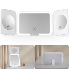 klarh Tri-fold Makeup Mirror with 3 Colored Lights and Touch Control, 1X/3X/10X Magnifying Portable Mirror, 5000mAh Rechargeable LED Mirror for Home, Bathroom and Travel (White)