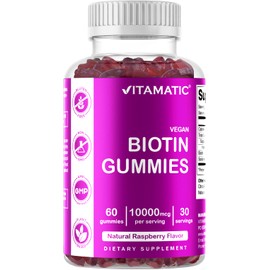 Vitamatic Biotin Gummies 10,000 mcg for Stronger Hair, Skin & Nails - 60 Vegan Gummies - Also Called Vitamin B7 (1 Bottle) | Vitamatic