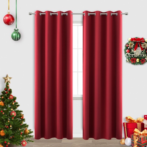 KOUFALL Red Curtains 84 Inch Length 2 Panels Set Christmas Curtains for Living Room,Blackout Thermal Insulated Window Treatments Grommet Xmas Holiday Curtain Drapes,84 Inches Long