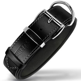 Filbert Leather Dog Collar, Genuine Leather Collar for Large Dogs, Pawprint Embossed Leather Dog Collars with Buckle, Top-Notch Quality Vegetable-Tanned Full Grain Leather Collar, Black