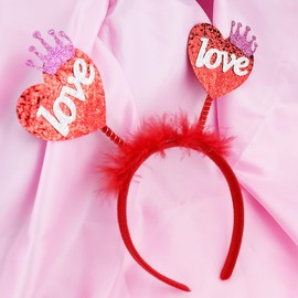 Valentine‘s Day Sequin Headbands Heart of Crown Christmas Headbands for Girls Feather Red Glitter LOVE Head for Women Girls Headwear (Red and Pink)