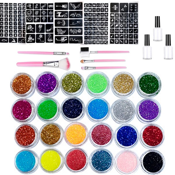 Glitter Tattoo Kit, Jiasoval 24 Colors Temporary Glitter Tattoos for Kids, 187Pcs Stencils, 5 Brushes, 3 Glue, Make Up Set for Girls Teenager Adults, Gift for Party Halloween Cosplay Christmas Easter