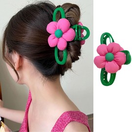 Flower Hair Clips Hot Pink Floral Hair Claw Clips Spring Summer Hair Accessories Pink Green Cute Flower Hair Clamp Large Acrylic Hair Barrettes Strong Hold Hair Decoration Party Wedding Gift for Women