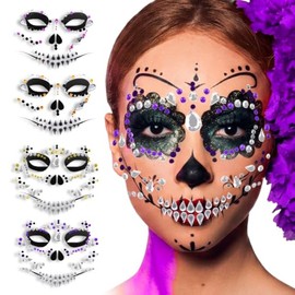 Set de Pedrería Facial de Calavera Catrina con Gemas y Cristales Adhesivos en Tonos Morado, Rojo y Amarillo para Maquillaje de Día de Muertos y Hallow