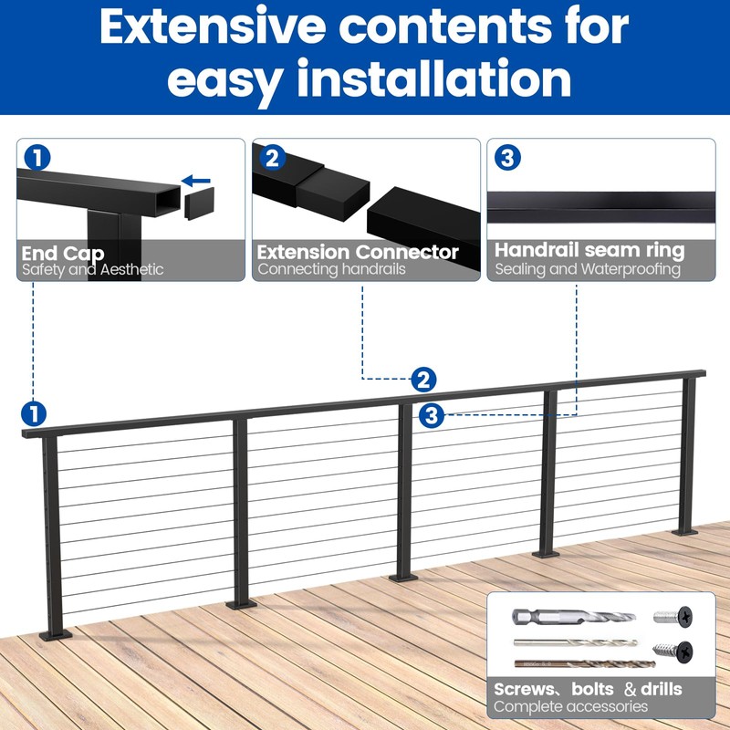 Muzata 6'6" Black Cable Railing Handrail Rectangular Stainless Steel Handrail