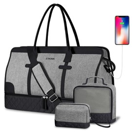 ETRONIK Weekender Overnight Bags for Women, Large Travel Duffle Bags with Shoe Compartment & Wet Pocket, Carry On Gym Bag with Toiletry Bags for Hospital 3 Pcs Set, Large Size, Black-Grey