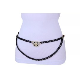 Unbranded Women Prom Dance Celeb Belt Black Gold Metal Chain Bling Lion Charm Size M L XL