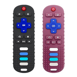 ROBBEAR Baby Teething Toys, Food Grade Silicone Teether for Babies 3 6 12 18 Months, TV Remote Shape Toddlers Chew Toys, Freezer BPA Free (Black+Red)