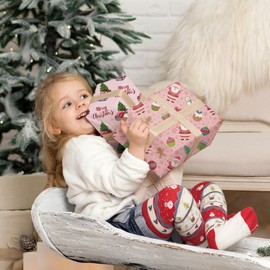 SaringSwoon Pink Christmas Santa Wrapping Paper - Xmas Gift Wrap with Santa Claus, Christmas Tree, Snowmen, Candy Canes, and Treats Design for Kids Adults - 40×28 Inches, 4 Folded Sheets