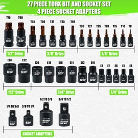 SUNHAMCKP 31 Piece Torx Bit and Socket Set, 14 Star Bits (T8- T70) & 13 E-Torx Sockets (E4-E24) and 4 Impact Socket Adapter, Professional Grade Tool Set for Automotive Mechanic, CR-V & S2 Steel