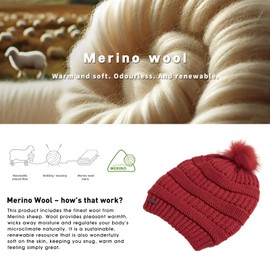 TOP-EX 100% Wool Hat for Women - Warm Winter Knitted Hat with Chic Bobble Satin Lining or Fleece Lined, Red_Fleece Lining