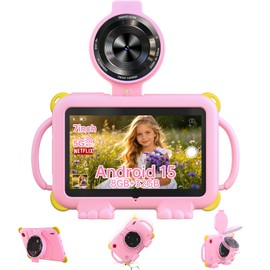 PEICHENG Tablet for Kids 7Inch IPS Display, (3+5GB) RAM+32GB ROM+1TB Expand, Shockproof Case with Handles, Parental Control, Educational Entertainment Apps, Dual Cameras (90° Rotatable Lens), Pink