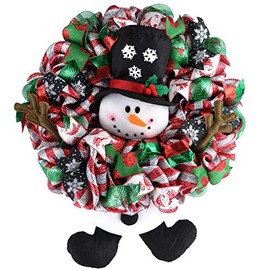 Plush Snowman Christmas Mesh Outdoor Front Door Wreath; White Red Lime Green Black