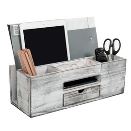Liry Products Whitewashed Wooden Desktop Organizer Multiple Compartments Rack Shelf Drawer Tabletop Wood Storage Cabinet Office Supplies Caddy Document Stationery Holder Accessory Sorter Vanity Home
