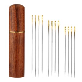12pcs Self Easy Threading Needles, 3 Sizes Side Hanging Needles Embroidery Needles Sewing Knitting Needles Kit with Sandalwood Needle Box Hand Sewing Needles for DIY Embroidery Sewing Projects (Gold)