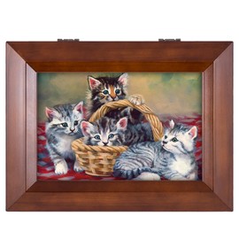 Cottage Garden Having a Picnic Kittens in Basket Wood Finish Jewelry Music Box - Plays Tune You are My Sunshine