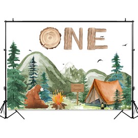 ANSHUHAI Forest Camping Birthday Backdrop One Happy Camper Birthday Decorations Boy's Adventure 1st Birthday Party Photograph Background Tent Campfire Camping Theme Party Banner (8x6ft)