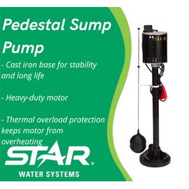 Star 3CDH Cast Iron Pedestal Sump Pump with Easily Adjustable On/Off Float Rod Switch, High Efficiency Column Pump, 58 GPM, 4 Amps