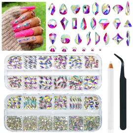 1420Pcs AB Crystal Nail Rhinestones 180 Multi Shapes Flatback Crystal White AB Gems +1240 Round Beads K9 Glass Stones Diamonds Jewels Nail Art Supplies Nail Charms for Nails Faces Eyes Makeup Crafts