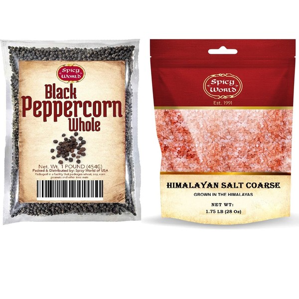 Spicy World Whole Black Peppercorns 16 Oz + Himalayan Pink Salt Coarse 1.75 LB (28 Oz)