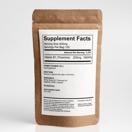 Vitamin B1 Thiamine Hcl Capsules (120) - No Additives - Superior Strength - 200mg