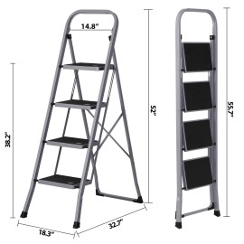 SEGAWE 4 Step Ladder Folding Step Stool Sturdy Steel Ladder w/Wide Anti-Slip Pedal Gray